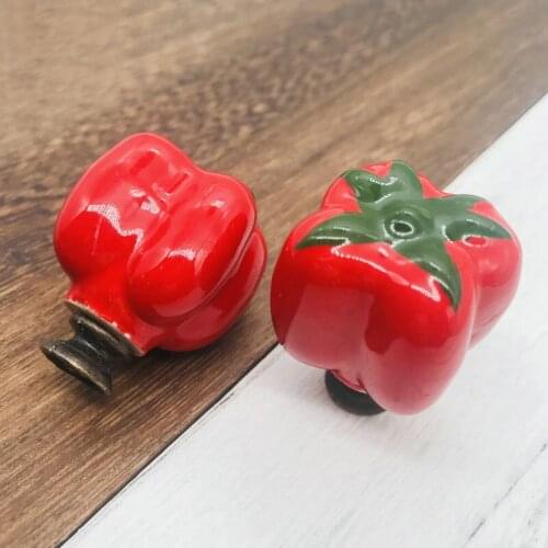 Set of 5 pc Red Chili Ceramic Cabinet Knobs Furniture Handle Creative Vegetables Design Drawer Pull Knob for Kids Room Furniture
