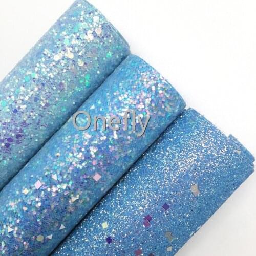 Onefly BLUE Chunky Glitter Leather, Faux Leather Glitter Fabric Sheets For Bow DIY handbags shoes AF010