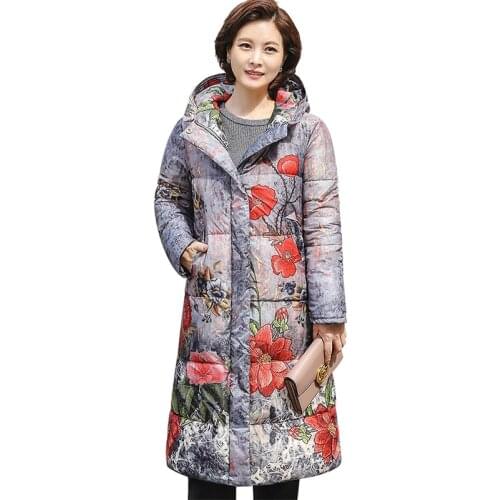 Winter parkas middle aged female print Down cotton jacket Plus size 5XL Thicken coat Hooded tops women warm Cotton-padded jacket