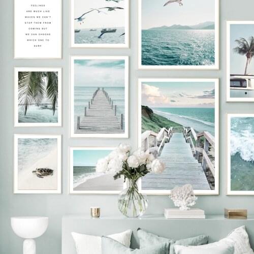 Beach Palm Leaf Turtle Bridge Waves Seagull Car Van Wall Art Print Canvas Painting Nordic Poster Decor Pictures For Living Room