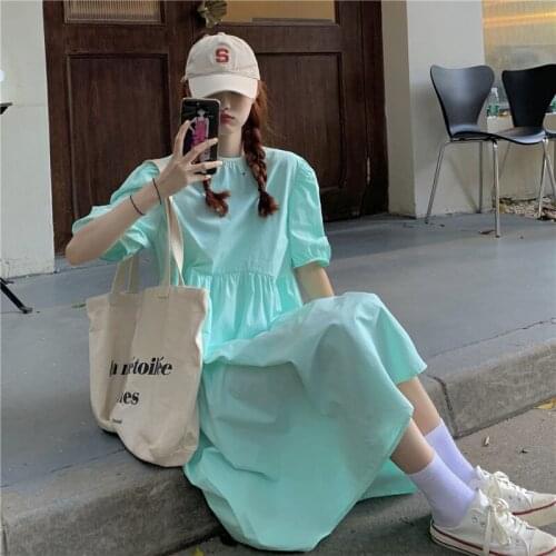 Dress Small Fresh Mint Green Round Neck Puff Sleeve Dress Women New Summer Loose Mid-length Dress