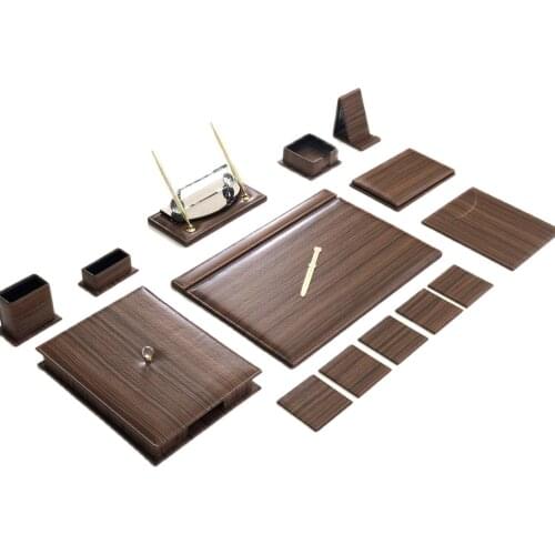 Office Desk Pad Wood Look Modern Design Nameplate, Phone Holder Document Organizer, Coasters, Ballpoint & Fountain Pen