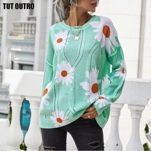 Flowers Print Knitted Sweater Women Elegant Oversized Pullovers Women Winter Loose O-Neck Long Sweaters Streetwear Sueter Mujer