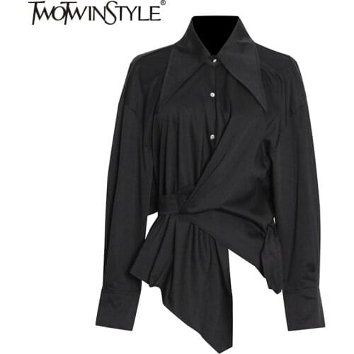 TWOTWINSTYLE Casual Plain Shirts For Women Loose Lace Up Loose Asymmetrical Hem Plus Size Blouses Female 2021 Autumn Clothes New