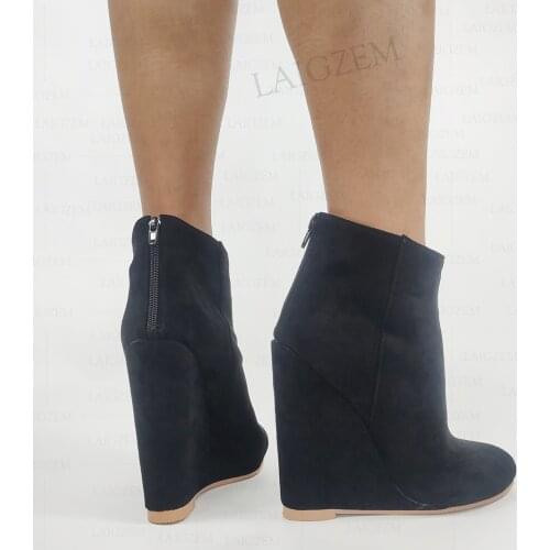 LAIGZEM SUPER Women Ankle Boots Round Toe Wedges Heels Zip Up Short Booties Faux Suede Ladies Shoes Woman Big Size 41 43 47 52