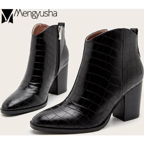 Big Size 36-43 snake leather boots women chunky high heels shoes chic short riding botas european serpentine booties female 2020