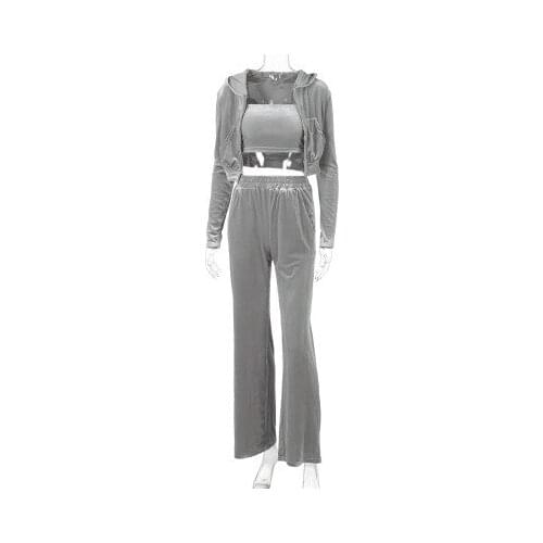 Velvet Women 3 Piece Set Hoodie Sweatshirt Zipper Tube Crop Top High Waist Wide Leg Pants Tracksuit Sporty Casual Outfit