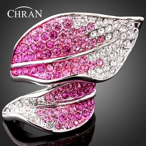 Chran Rhodium Plated Pink Crystal Finger Rings for Women Classic Leaf Design Statement Rings Jewelry Accessories
