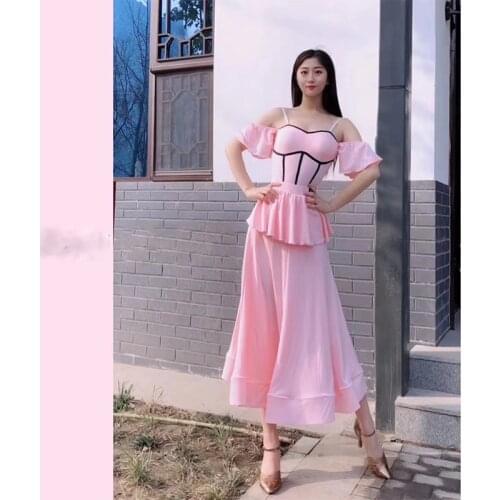 Latin Dance Clothes Women Split Design Modern Dance Dress Strapless Sexy Pink Dress Ballroom Dance Competition Dresses DN9096
