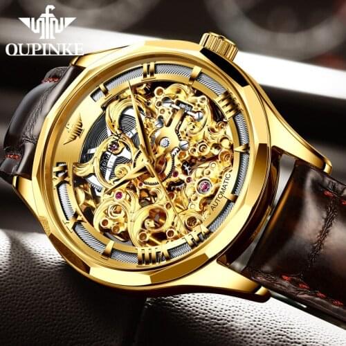 2020 Top Brand OUPINKE Mens Automatic Mechanical Watch Gold Skeleton Leather Waterproof Men Watch Sapphire Business Male Watch
