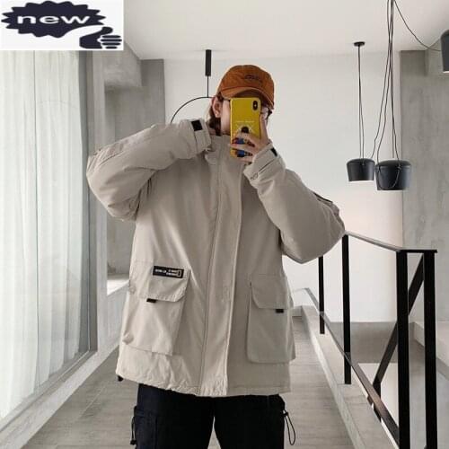 2021 Winter Lovers Cotton Jacket High Street Multi-pockets Zipper Work Outerwear Fashion Loose Thick Hooded Coat Plus Size 5XL