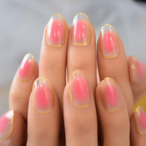 New Arrival Designed Peach Pink Fake Nails Oval Shape Full Gold Edge Translucent Nail Salon Manicure Accessories