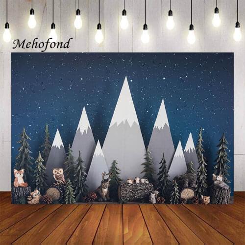 Mehofond Photography Background Winter Pine Tree Forest Jungle Night Wild Animals Birthday Party Portrait Backdrop Photo Studio