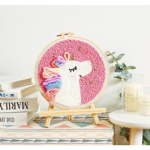 Cute Cartoon Unicorn Rug Hooking Set DIY Embroidery Kit for Beginner with Patterns Embroidery Hoop Relieve Stress Home Decor