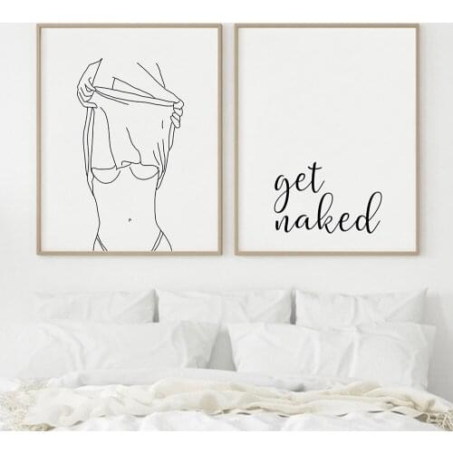 Bathroom Wall Decor Canvas Painting Get Naked Sign Canvas Art Poster One Line Sexy Woman Drawing Canvas Picture Fashion Painting