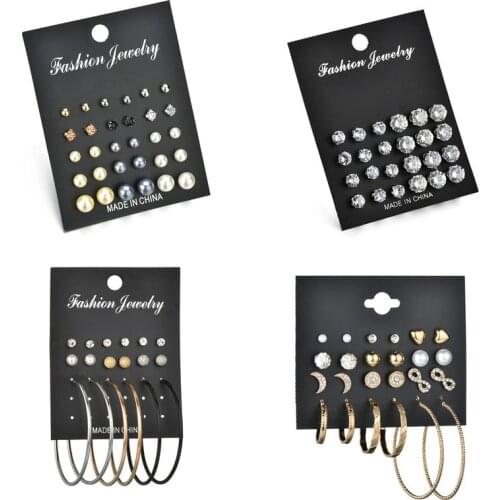 Modyle 2020 New 15 pairs/set Simulated Pearl Earrings Set Female Jewelry Gold and Silver Color Crystal Stud Earrings for Woman