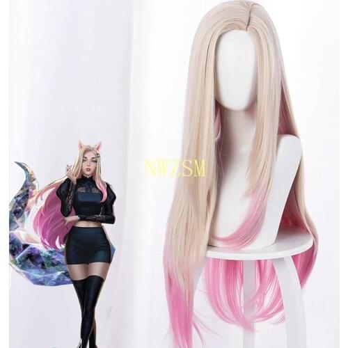 Game LOL Cosplay Ahri Wig 80cm Pink Heat Resistant Synthetic Hair Party Wigs