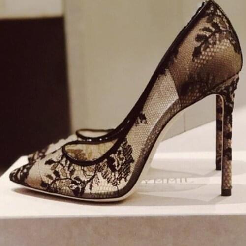 Sexy Black Lace High Heel Pumps Pointed Toe Stiletto Heels Dress Shoes Women Slip on Shallow Wedding Heels Shoes Size 45