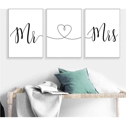 Mr Mrs Heart Calligraphy Poster Print Black And White Minimalist Wall Art Canvas Painting Pictures Couple Lover Gift Home Decor