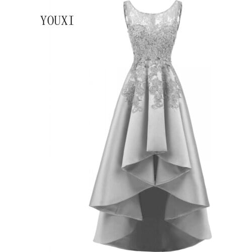 Sexy Asymmetrical Evening Dresses 2019 Satin Lace Appliques Prom Gowns Beaded Banquet High Low Formal Dresses