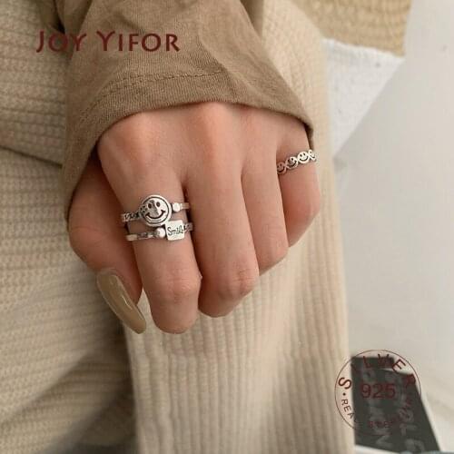 Wide Ring 925 sterling silver Women Fashion Jewelry Smile Face Rings Girls Hip Hop Big Opening Adjustable Ring Jewellery Gift