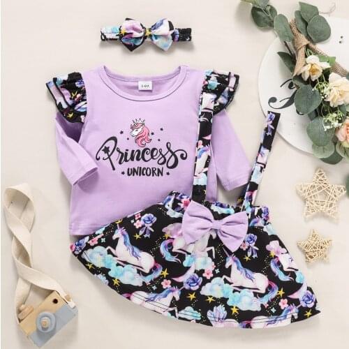0-24 M Baby Girl Spring Autumn Clothing Long Sleeves Ruffle Letter T shirt + Bow Flower Suspender Skirt + Headband Set