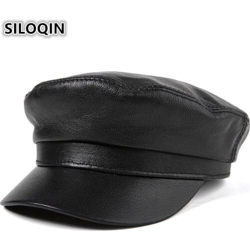 SILOQIN High Quality Flat Cap For Men Women Genuine Leather Hat Sheepskin Army Military Hats Autumn Winter Brands Leather Caps
