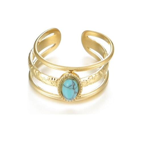 Stainless Steel Jewelry Hollow Layered Open Adjustable Ring Boho Blue Natural Stone Finger Ring bagues acier inoxidable femme