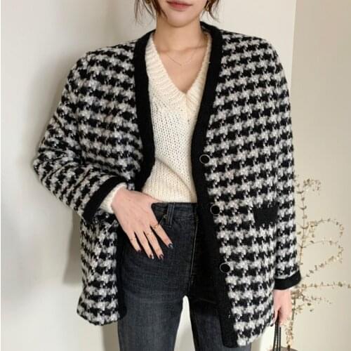 Wenfly Women Hot Sale Woolen Plaid V-Neck Single Breasted Coat Jacket Thickened Casual Loose Korean Cardigan Warm Outerwear