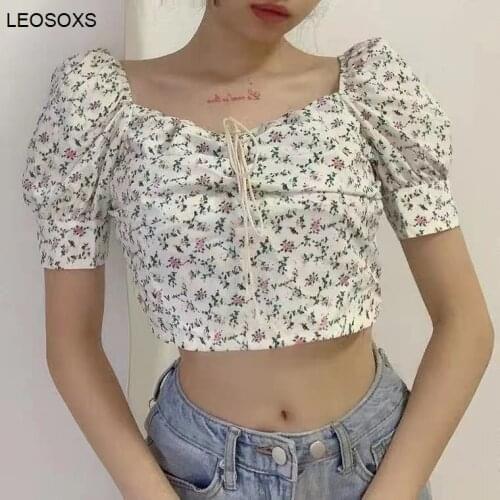 2021 Summer Korean New Style Square Neck Floral Foam Sleeve Casual All-match Short Sleeve T-shirt Womens Top