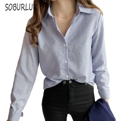 Women Striped Shirt Spring Summer Casual Cotton Blouse Long Sleeve Polo-neck Office Lady Patchwork Blouses Plus Size Loose Tops