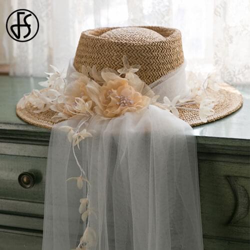 FS Vintage Wide Brim Flowers Ribbon Wedding Straw Hat Summer Hats For Women Top Beach Cap Boater Fashion Sun Hat