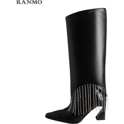 Ladies High Heel Boots Black Folding Knee High Heel Boots Pointed Toe Boots Rhinestone Decorated Thermal Boots Leather Boots