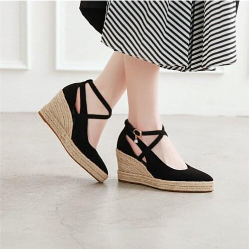 YMECHIC 2019 Spring Summer Weaving Wedges Heels Platform Shoes Ankle Cross Strap Womens Party Shoes Black Brown Pumps Big Size