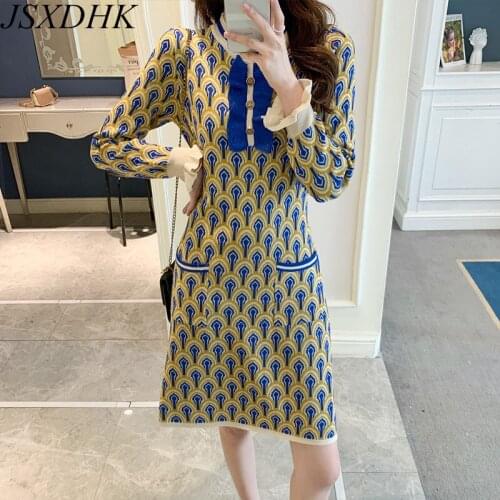 Fashion Autumn Winter Jacquard Knitting A Line Dress Women O Neck Ruffles Hit Color Printed Flare Sleeve Sweater Pocket Dresses