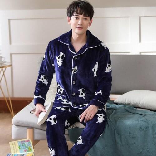 Winter Mens Flannel Pajamas Cute Cow Cartoon Sleepwear Printed Pajamas Sets Casual Sleep&Lounge Pyjamas Plus Size 3XL Pijama