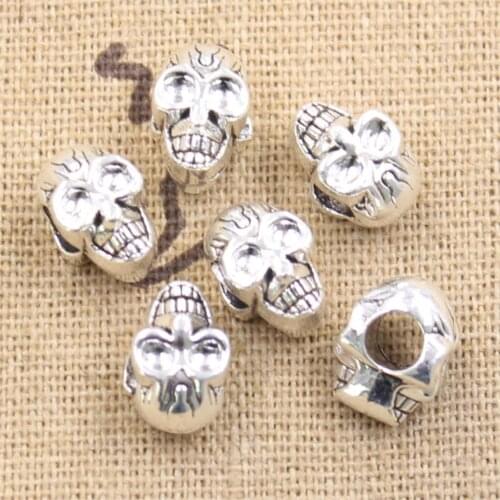10pcs 12x9x8mm Skull Skeleton Head 4.5mm Big Hole Bead Charm Fits Antique Silver Color Charm Bracelets Wholesale
