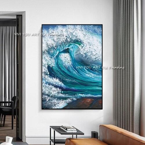Large Size Hand Painted Blue Ocean Waves Oil Painting Large Seascape View Canvas Art for Home Decoration as a gift (No frame )