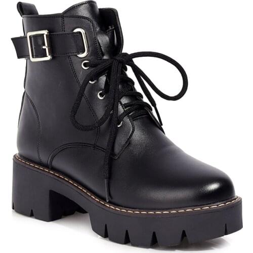 Thick-Heeled Thick-Soled Belt Buckle Cross Strap Ankle Boots Flat-Bottomed Car Stitching Classic Trend Street Short Women’S Boot