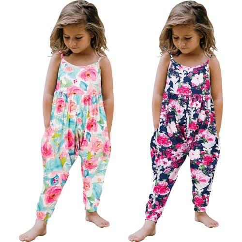 1-6Y Kids Jumpsuit Girls Sleeveless Sling One Piece Floral Leopard Print Romper With Pockets Summer Long Pants Jumpsuit Outfits