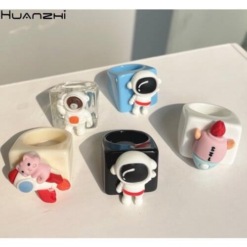 HUANZHI 2021 New Korean Ins Planet Astronaut Rocket Animal Patch Square Resin Acrylic Rings for Women Girls Summer Jewelry Gifts