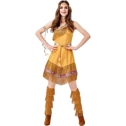 Tassel Indian Princess Costume Khaki Tribal Goddess Halloween Costume Adult Female Cosplay Costume