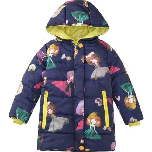 Jacket For Girls Winter Girls Cotton-Padded Clothes Children Mid-Length Thick Warm Printed Down Jacket Hooded Outdoor Clothes