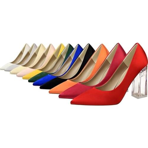 Concise Womens Shoes Sweet Pointed Toe Elegant Womens PumpsTransparent High Heels Shallow Mouth Satin 12 Colors 34--43