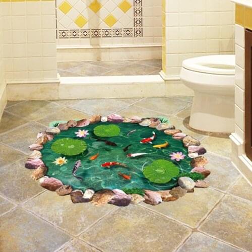 Lotus Pond 3D Floor Stickers Fish In Water Wall Stickers PVC Vinyl Home Decor Bathroom Bedroom Floor Decoration Waterproof