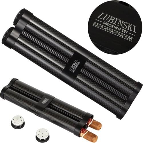 LUBINSKI Carbon Fibre Cigar Tube Portable Travel 2/3 Tube Cigar Case Jar W/ Humidifier Humidor Mini Cigar Box Pocket Outdoor
