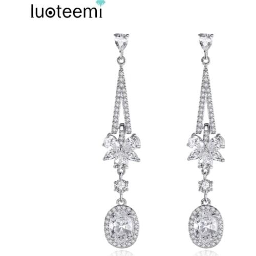 LUOTEEMI Delicated Flower Shape Long Dangle Drop Earrings for Women Girls Dating Wedding Clear AAA CZ Fashion Jewelry Brincos