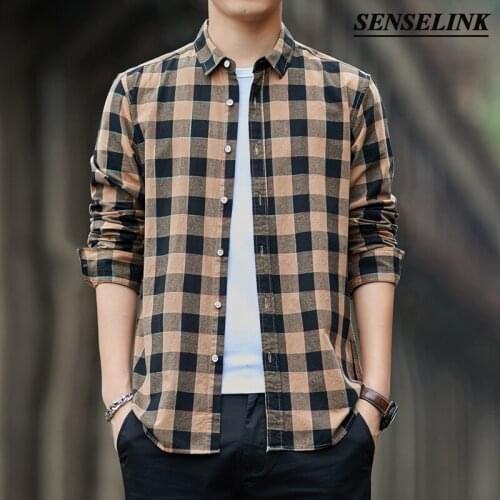 Men Long Sleeve Blue Plaid Shirt Spring New Casual Slim Plaid Men Shirt Korean Jacket Pure Cotton Big Size Japanese Men Shirt