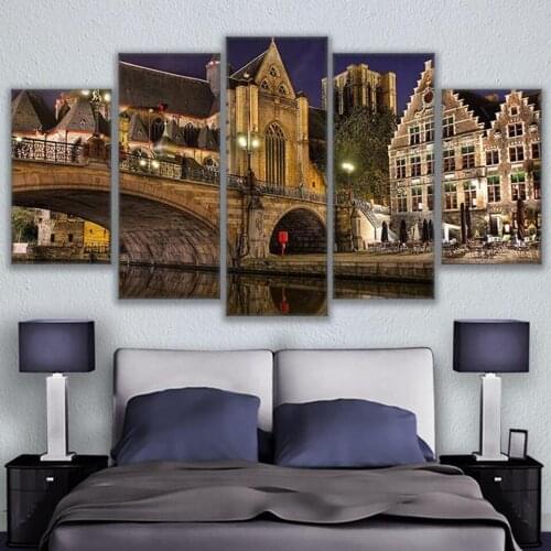 Top-Rated Canvas Print Living Room Wall Art Pictures Frame 5 Pieces Bridge In Bruges City Nightscape Poster Home Decorative