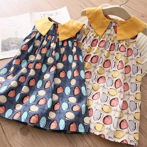 2021 New Hot Summer 2 3 4 5 6 7 8 9 10 Years Casual Kids Print Peter Pan Collar Sleeveless Tank Sundress Baby Girls Dress Cotton